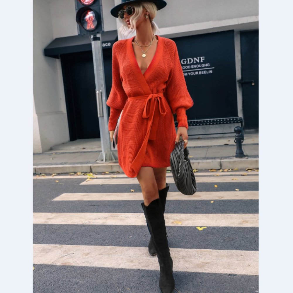 Rib-Knit Lantern Sleeve Belted Sweater Dress - Picture 9 of 16